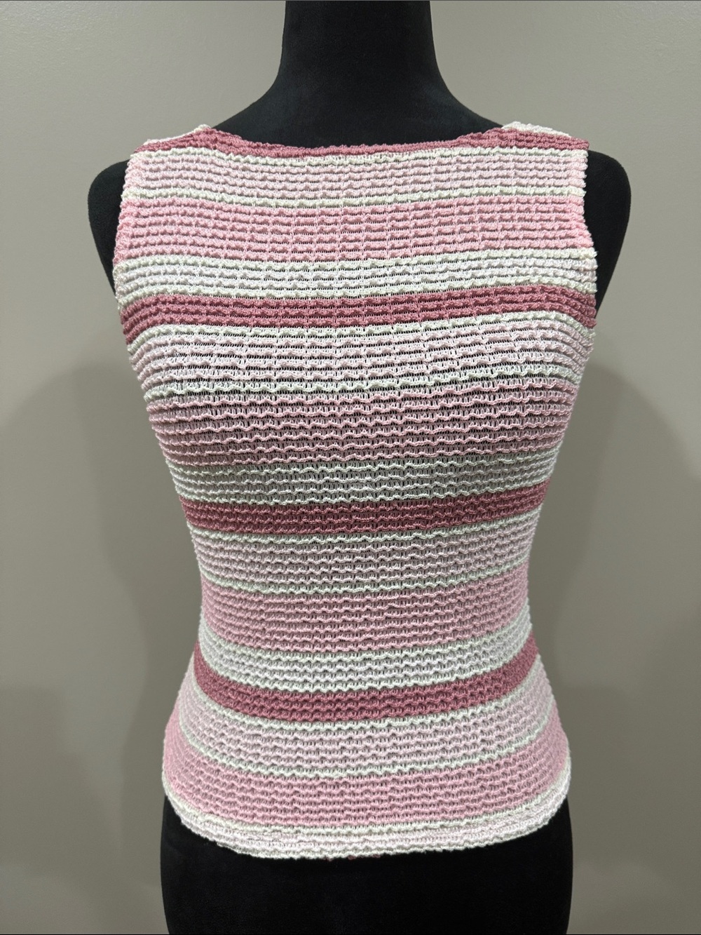 Vintage Lipstick Y2K Pink & White Striped Textured Crinkle Popcorn Knit Top